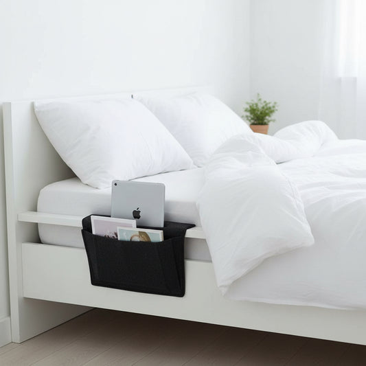 Bedside Hanging Bag Organizer — Phone Remote Book Storage Caddy for Bed Frame — Felt Bedside Pocket Organizer Beige Grey
