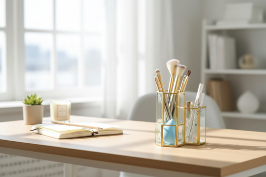 Makeup Brush Organizer Cylinder — Gold  Geometric Storage Box for Vanity Desk  Dresser — Cosmetic Brush Holder Display