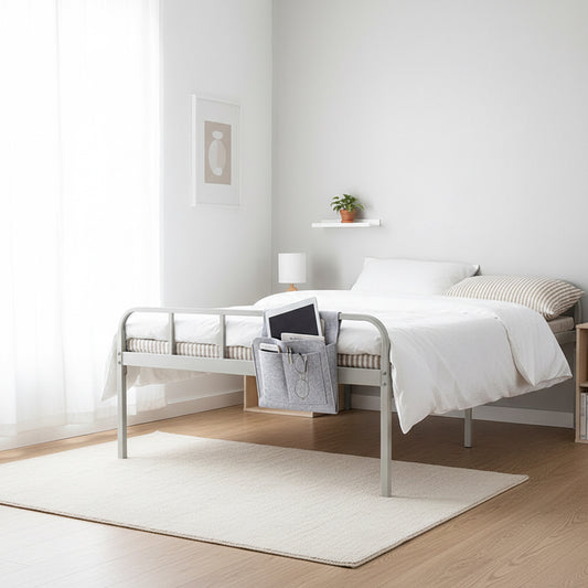 Bedside Hanging Bag Organizer — Phone  Remote Book Storage Caddy for Bed Frame  — Felt Bedside Pocket Organizer Beige Grey