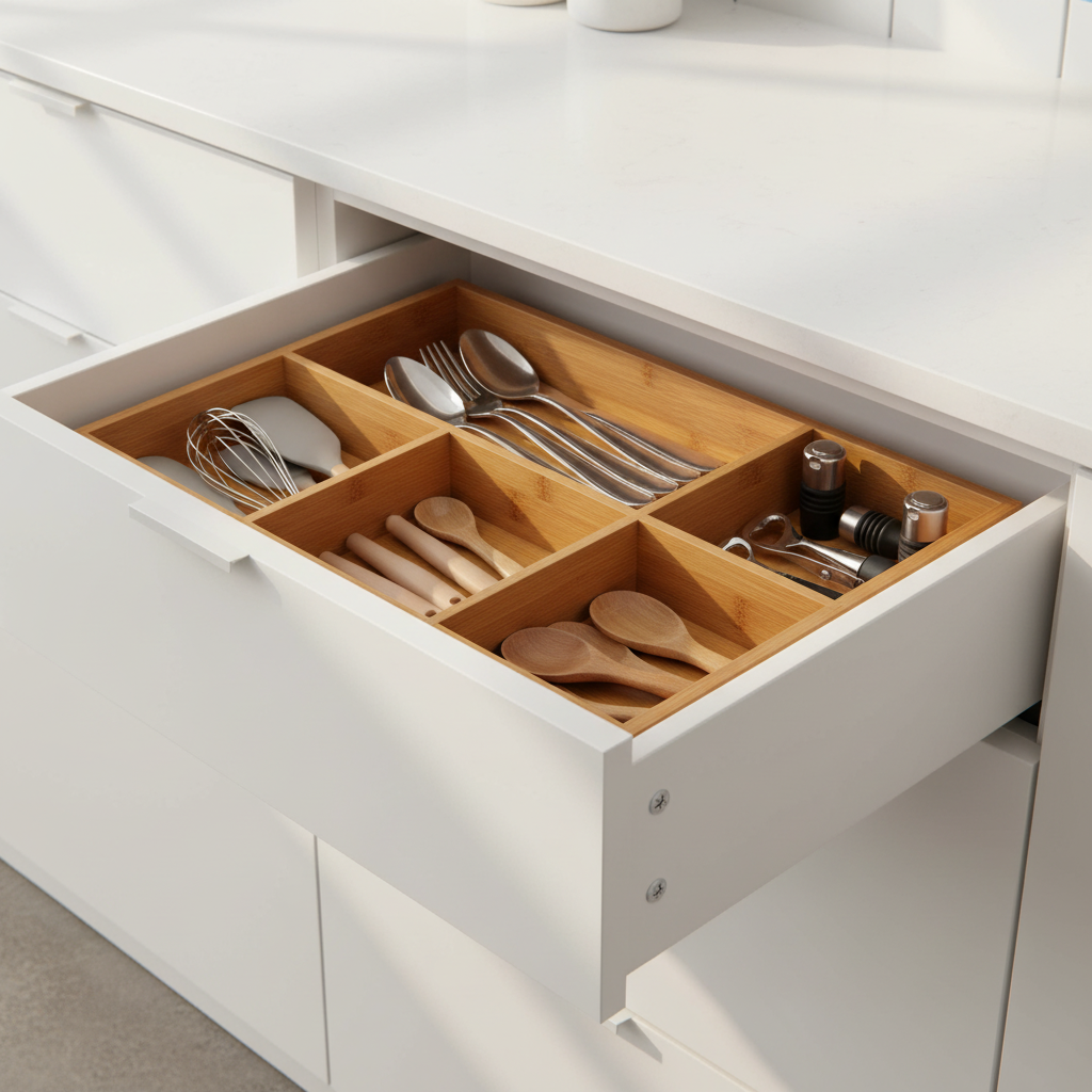 Bamboo Desk Organizer with 4 Compartments — Desktop Bamboo Tray for Home Office Workspace Kitchen Countertop — Desk Storage Organizer