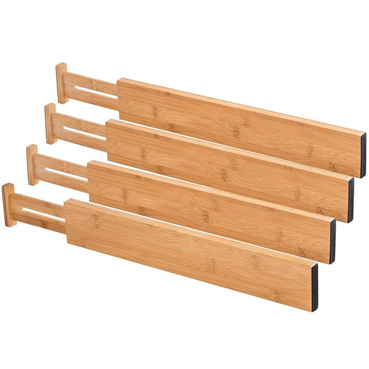 Adjustable Expandable Bamboo Drawer  Dividers Set of 4 — Spring Loaded Drawer  Separator for Kitchen Dresser Bedroom  Bathroom Desk Organization