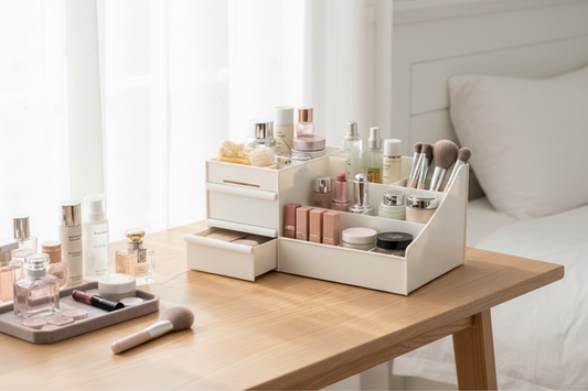 Large Makeup Organizer with Storage Box  and Drawer — Vanity Cosmetic Storage for  Dresser Bathroom Counter — White Green Pink