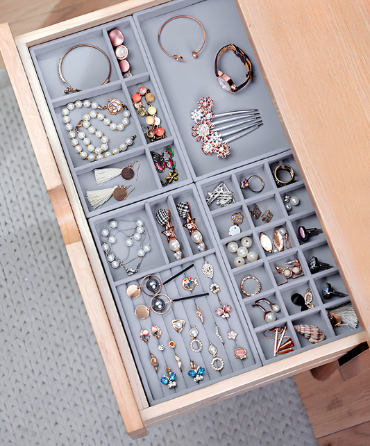 Velvet Jewelry Organizer Tray Set of 4 —  Earring Ring Necklace Bracelet Organizer  for Dresser Drawer Vanity — Jewelry  Storage Gift for Women Beige Grey Pink