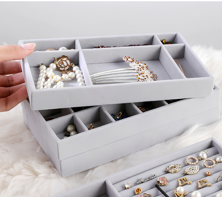 Velvet Jewelry Organizer Tray Set of 4 —  Earring Ring Necklace Bracelet Organizer  for Dresser Drawer Vanity — Jewelry  Storage Gift for Women Beige Grey Pink