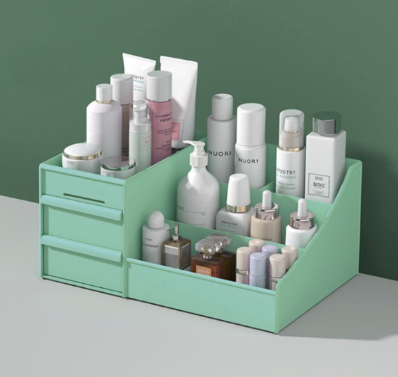 Large Makeup Organizer with Storage Box  and Drawer — Vanity Cosmetic Storage for  Dresser Bathroom Counter — White Green Pink
