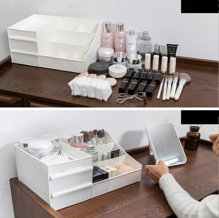 Large Makeup Organizer with Storage Box  and Drawer — Vanity Cosmetic Storage for  Dresser Bathroom Counter — White Green Pink