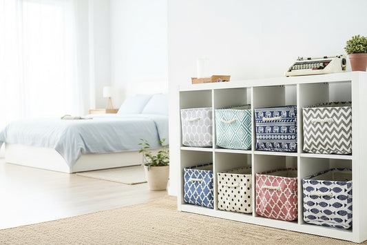 Foldable Fabric Storage Box — Cotton Linen  Organizer Bin for Bedroom Closet Shelf —  Storage Basket in Grey Pink Green