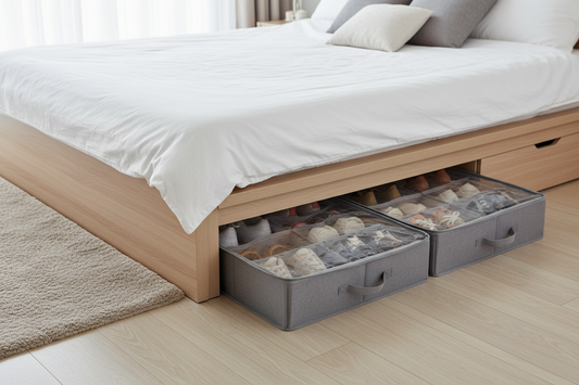 Under Bed Shoe Organizer with Fabric  Compartments — Bedroom Shoe Storage  Organizer Slides Under Bed — Grey Shoe  Storage Bag