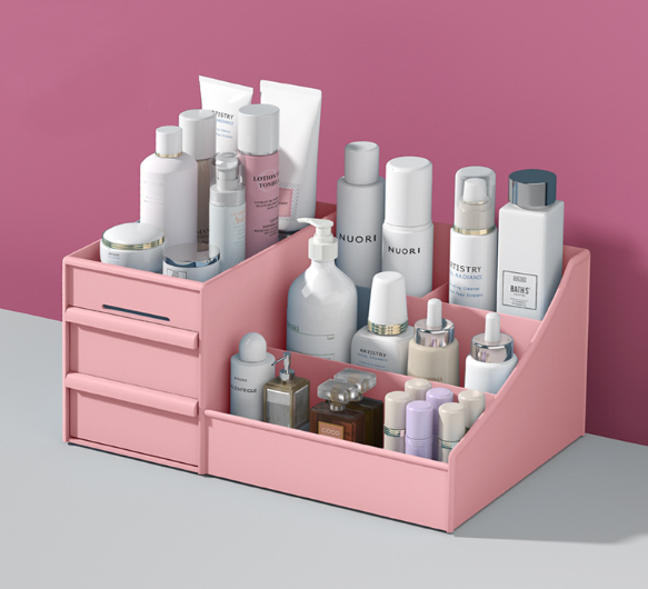 Large Makeup Organizer with Storage Box  and Drawer — Vanity Cosmetic Storage for  Dresser Bathroom Counter — White Green Pink