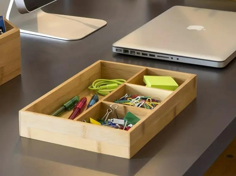 Bamboo Desk Organizer with 4 Compartments — Desktop Bamboo Tray for Home Office Workspace Kitchen Countertop — Desk Storage Organizer